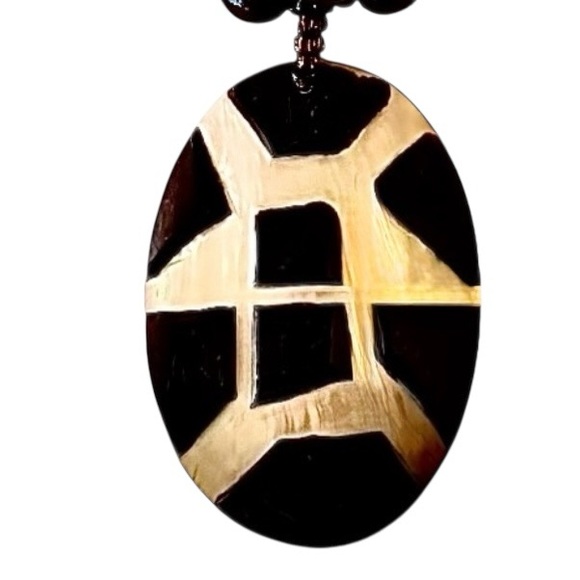 Bold Tribal Mosaic Triple Strand Wood Thread Acrylic Bead Necklace with Pendant - Picture 2 of 4